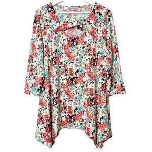 Valerie Stevens Colorful‎ Floral Shark Bite Blouse Top Size Large